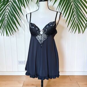 Black Lace Babydoll Lingerie Chemise Ruffle Hem Romantic Sheer Nightie Size M